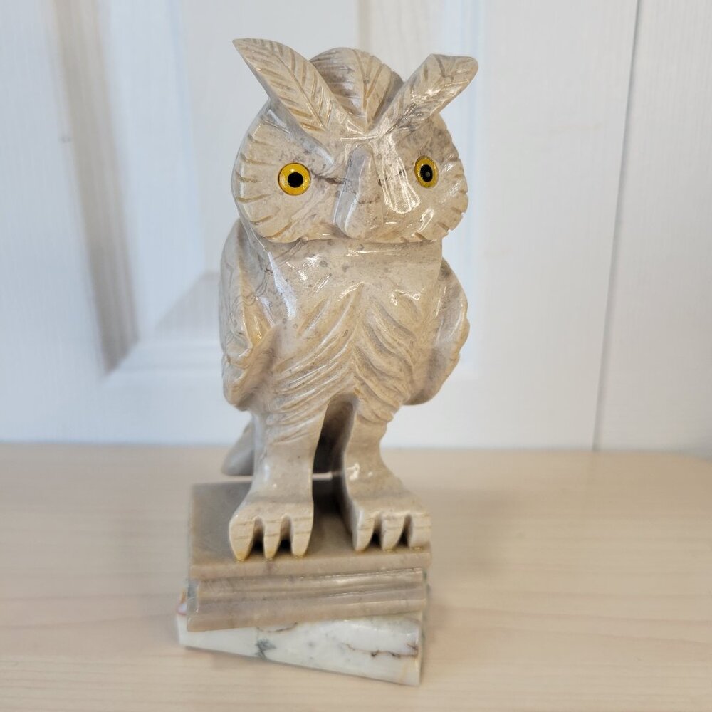 Vintage Hand-Carved Alabaster Marble Owl Sculpture w/ Yellow Eyes on Book Stack
